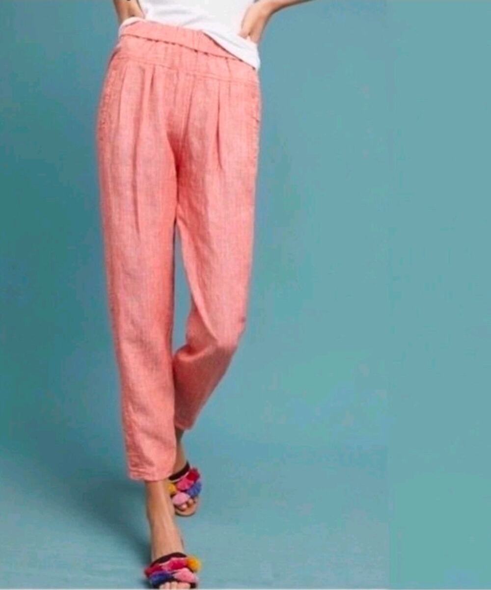 Anthropologie Coral Pink Striped Pants. 100% linen. Size M. Ret. $65